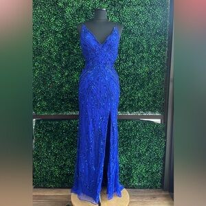 Primavera Couture Royal Blue Beaded Prom Dress